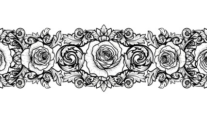 Elegant Rose Floral Border Design Black and White.
