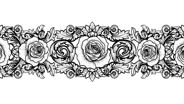 Elegant Rose Floral Border Design Black and White.