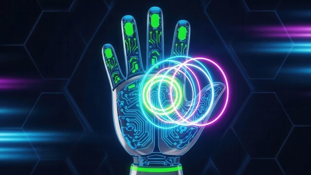 Robotic hand with circuit board and neon rings glowing futuristic - Powered by Adobe