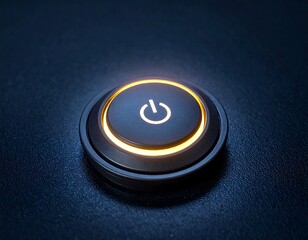 Illuminated black power button against dark background, glowing