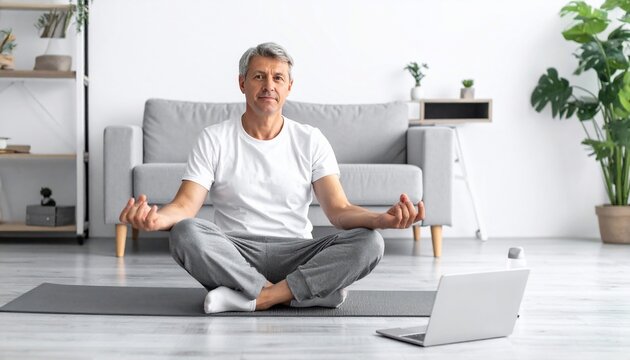 Middle-aged man meditating at home on a mat, watching a laptop