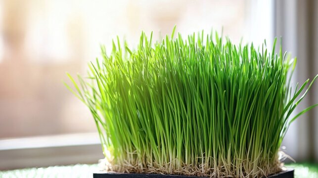 Fresh Green Grass Growing in Pot.