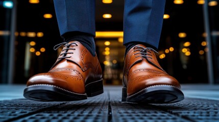 A man wearing a brown shoe with a black lace
