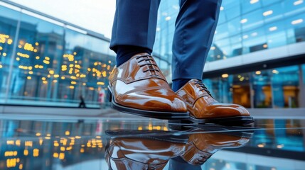 A man in a suit is standing in front of a building with his feet in a puddle of