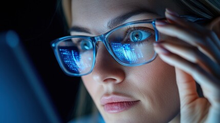 A woman wearing blue glasses is looking at a computer screen