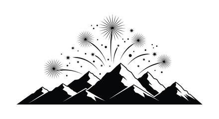 Mountain range with vibrant fireworks exploding above a stunning black and white silhouette