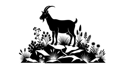 Mountain Goat Silhouette Standing on Rocks with Wild Plants.
