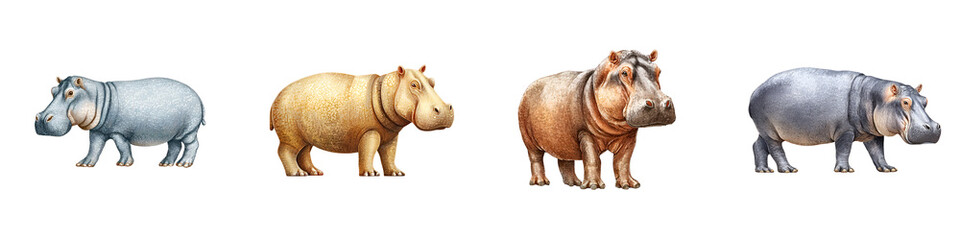 Obraz premium Realistic Hippopotamus Set, Watercolor Painting on White