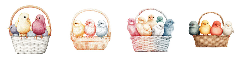 Colorful Easter Chicks in Baskets, Watercolor Illustration Set