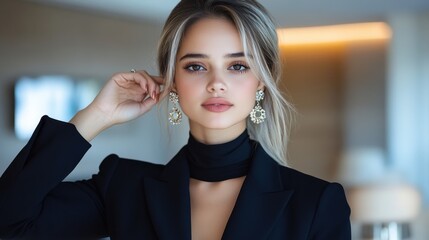 A woman wearing a black dress and earrings poses for a picture