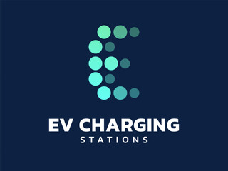 Electric vehicle charging with Dotted Energy letter E alignment shapes logo vector design concept. Letter E logotype symbol for Electric Car, EV station, ui, clean energy, infographic, new technology.