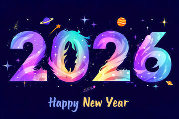 Happy new year 2026 colorful dragon numbers space stars planets