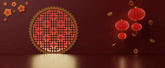 Chinese new year and Product display for display concept.Red podium display mockup on red abstract background with hand paper fan.3d rendering geometric shape.minimal abstract background,copy space
