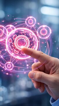 Medical hologram health technology longevity biohacking cancer futuristic fingertip touching glowing cell network illustrating medical hologram health technology longevity biohacking cancer hand