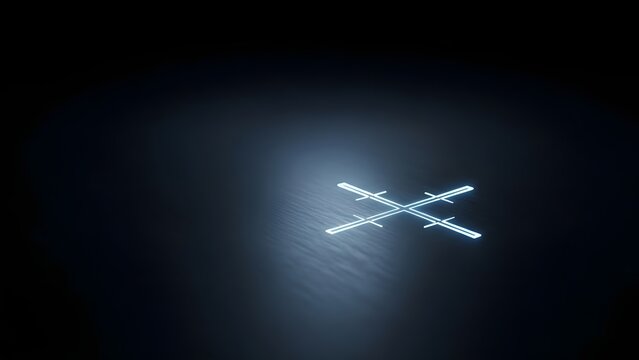 Futuristic glowing blue neon X crosshair symbol on dark textured surface - Powered by Adobe