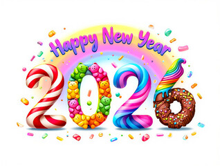 Happy new year 2026 text formed by candies and treats