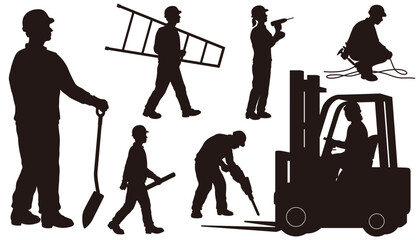 Set Of Black And White Construction Workers Silhouette Illustrations Isolated On A White Background.