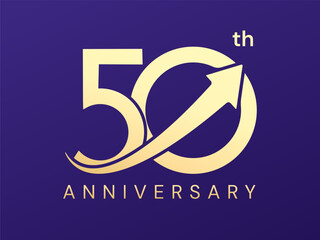 50th Anniversary luxury gold celebration with elegant Growth Arrow overlapping in gold Numbers logo typography vector design concept. Fifty Years anniversary gold template for celebration event, card.