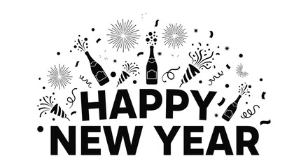 Festive new year celebration design with champagne bottles confetti and a bold text silhouette