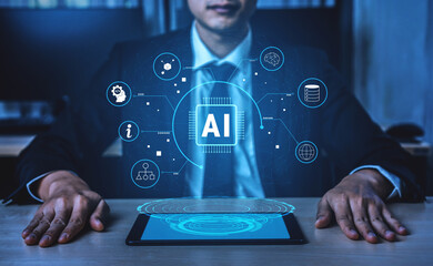 Artificial Intelligence (AI) as a core technology. A concept of an AI ecosystem powering data analysis, machine learning, and global networks. Motif