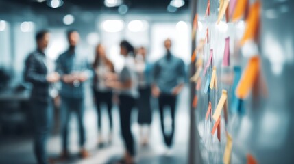 Group of people collaborating and brainstorming in a modern office environment, with colorful sticky notes on a glass wall