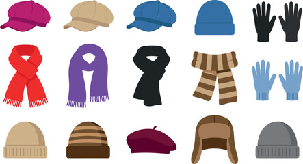 Winter accessories collection – hats, scarves, gloves in grid layout – flavector