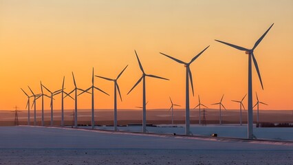 冬の平原に並ぶ風力発電タービン
