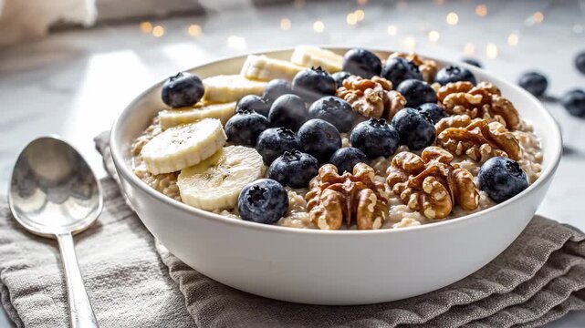 Bowl of oatmeal topped with blueberries, sliced bananas, and walnuts with a spoon, 4k high quality video