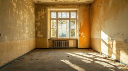 Abandoned Room Sunlit Window Decaying Walls.