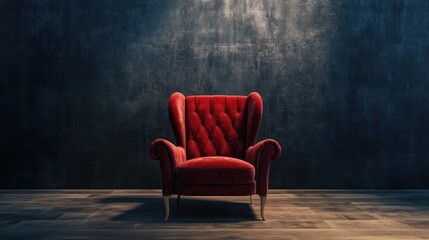 Red Velvet Armchair in Dark Room.