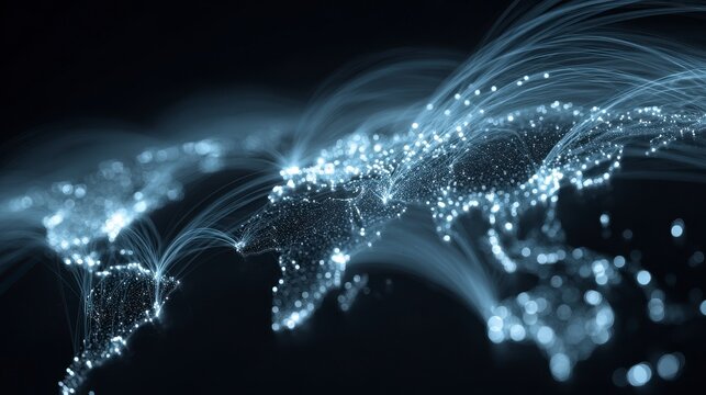 Illuminated digital globe depicting global connectivity. A dark background highlights the bright lights and glowing lines across continents - Powered by Adobe