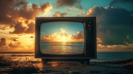 Vintage TV Sunset Beach Scene.