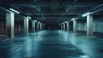 Empty Underground Parking Garage at Night.