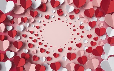 Obraz premium Romantic 3d heart background, Red white heart circle, Festive love invitation backdrop.