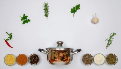 白背景に並ぶスパイスと透けた鍋料理の中身　generative ai