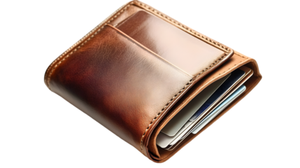 Rich brown leather bifold wallet slightly open revealing stacked credit cards against a on transparent background