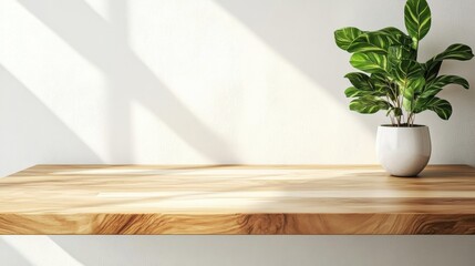 Minimalist Wooden Shelf with Plant.