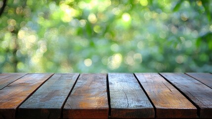 Rustic Wooden Table Green Bokeh Background.