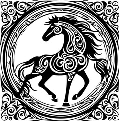 Obraz premium Tribal Horse Black and White Vector Ornament SVG 