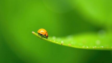 Small orange ladybug on green leaf