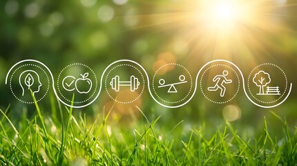 Healthy Lifestyle Icons in Nature Setting Highlighting Wellness, Fitness, and Balance