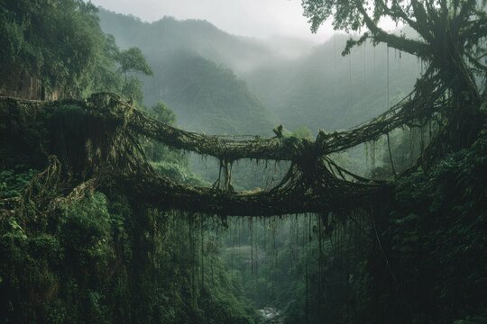 A unique double-decker living root bridge spans a lush, misty canyon in a verdant jungle