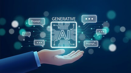 Generative AI Microchip with Prompt Bubbles in Futuristic Blue Tech Interface