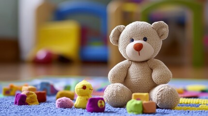 A fluffy teddy bear and small fabric toys scattered on a blue carpet for playtime