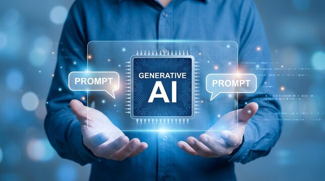 Generative AI Microchip with Prompt Bubbles in Futuristic Blue Tech Interface - Powered by Adobe