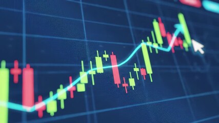 Closeup of a financial stock market candlestick chart showing upward trend with line graph and cursor on dark blue digital screen, 4k high quality video - Powered by Adobe