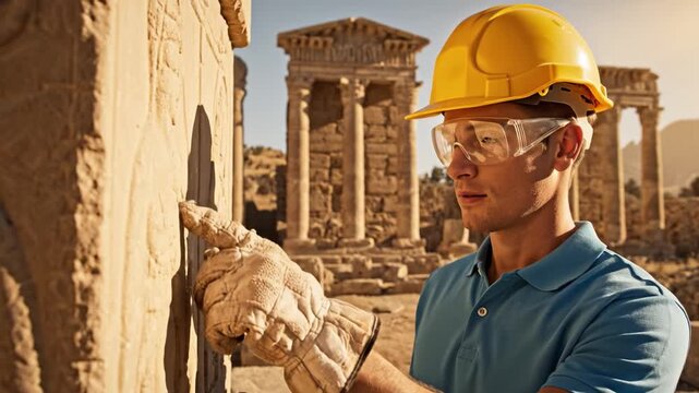 Male archaeologist in safety gear examines ancient stone carvings at a sunny historical site. Concept of history preservation and excavation. Ideal for educational and travel projects.