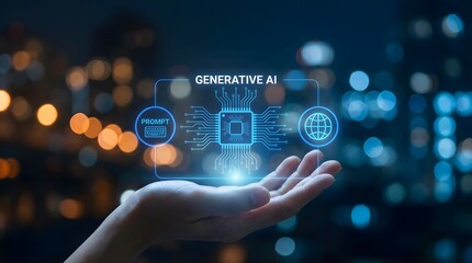 Generative AI Hologram with Product, Chip, and Global Connectivity Icons