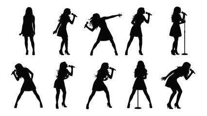 Obraz premium Silhouettes of women singing with microphones in various poses and outfits