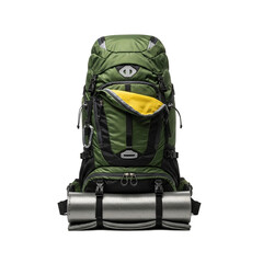Green Hiking Backpack with Camping Gear Isolated on White Background